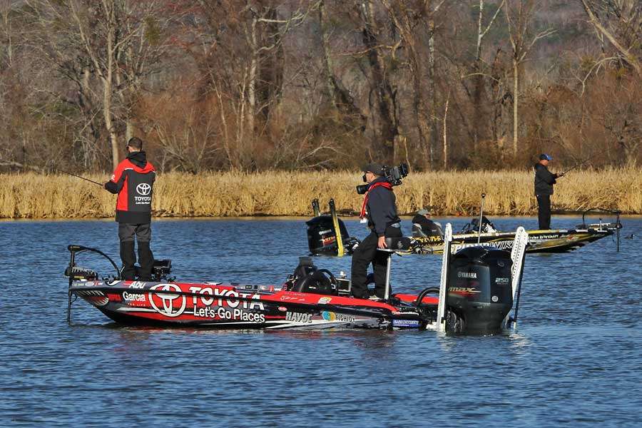 Mike Iaconelli and Bobby Lane fish in close proximity.