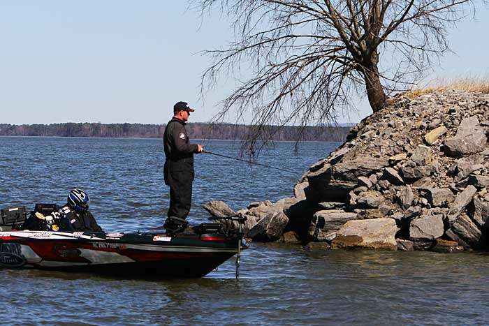 B.A.S.S. Nation Southern Division winner Coby Carden of Shelby, Ala., works the tip of a jetty on the main lake.
