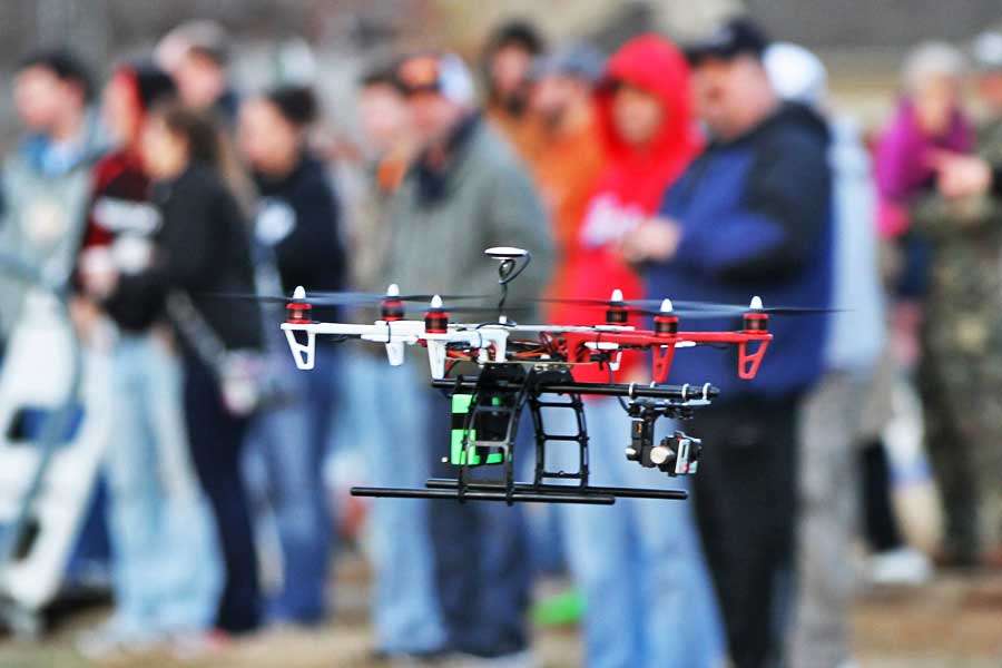 GoPro cameras attached to a remote control helicopter give aerial footage.  