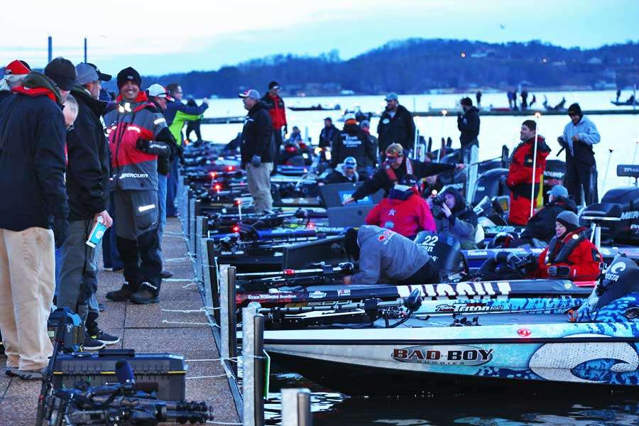 Anglers begin filling the dock. The competitors launched around the corner at Tom Jackson Park, known in Guntersville as the ballfields.