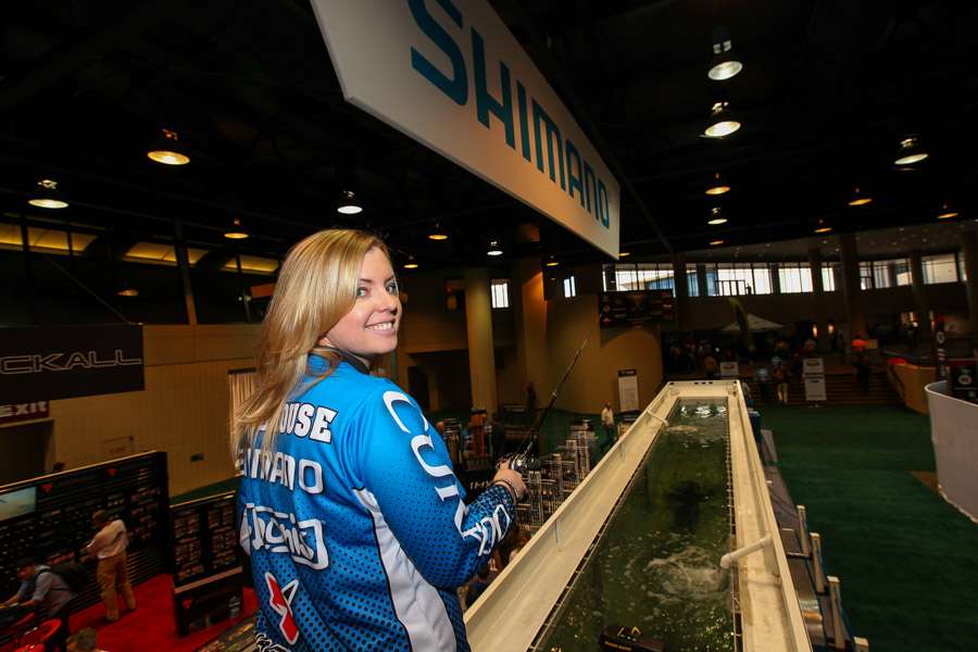 Hit the tanks in the Shimano booth.  Becky Gardhouse prepares for a demonstration.