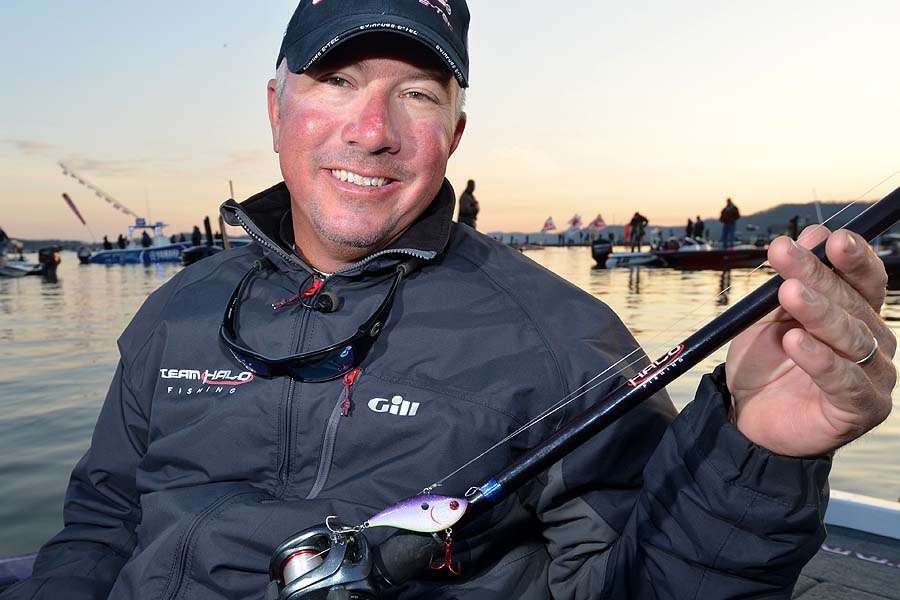 Randall Tharp shows off the lipless rattler that sacked most of his bass during the Guntersville Classic, a 5/8-ounce XCaliber Xr50 in Royal Shad.