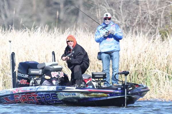 Brian Mason, Bassmaster videographer, captures some of the action on a GoPro pole camera.