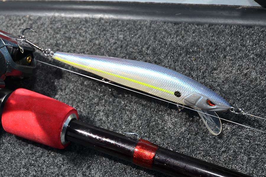 Sproâs McStick 110 in Blue Bandit produced at least one bass every day that was big enough to bring to the scales. Tharp fished this bait late in the day on riprap banks near the official launch ramp. 