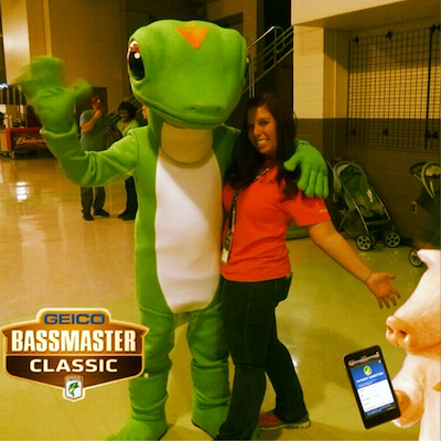 <p>"I love mascots...and texting pigs that are added to the photo #bassmasterclassic #geico #gecko" -- <a href=