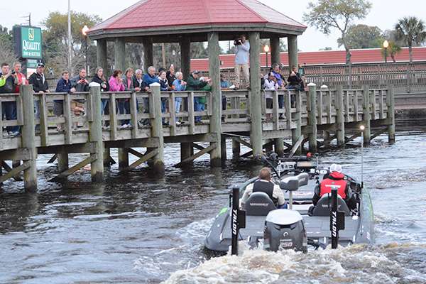 Spectators watched as the anglers left this morning.