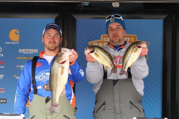 <p>Ryan Gilbert and Jacob Cllisch from University of Wisconsin Plattville brought in 3 fish for 12-12 including the Carhartt Big Bass for the day weighing 7- 1. </p>
