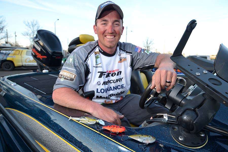 B.A.S.S. Nation champion Paul Mueller smiles over the baits that nearly won the Guntersville Classic for him. He came off the water on Day 2 of the event lugging 32 pounds, 3 ounces of bass, the biggest five-fish limit ever caught in Bassmaster Classic history.