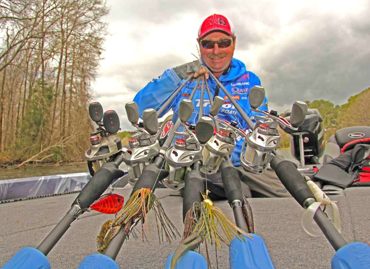 <b>FIVE </b>lures Shaw Grigsby will have tied on today as he tries to follow up the amazing 30-pound, 5-bass limit that he caught on Day 1 to take the lead at the Dick Cepek Tires Elite at Lake Seminole presented by Hardeeâs. His selection includes a Red Eye Shad, a swim jig, a Rage Blade, a Cut R worm, and a white Strike King Rage Craw on a huge 7/0 Trokar hook.