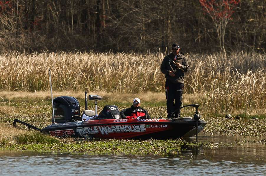 Jared Lintner is in the skinny water searching for a keeper.