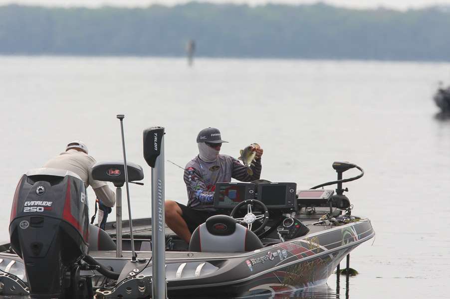 Brett Hite (The winner of the first Elite Series event) lands a keeper as he works down from the large pack of boats.