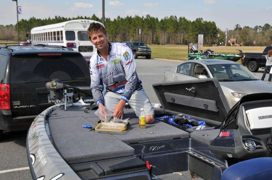 Before and after the meeting, anglers gathered in the parking lot to catch up and work on their tackle. This is Chad Pipkens.