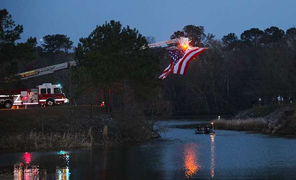 Bainbridge Fire Department brought a huge American flag to launch.