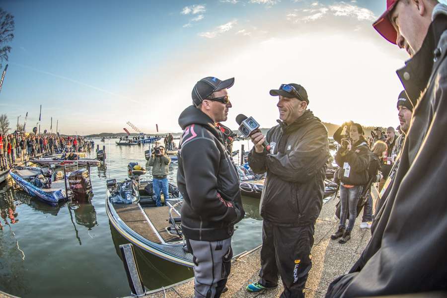 Bassmaster emcee Dave Mercer (right) interviews Paul Mueller, the B.A.S.S. Nation angler from Connecticut who finished 2nd.  