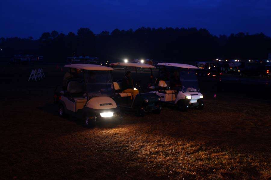 Here they are lined up for action. The anglers are shuttled in style from the parking lot to the ramp in these golf carts. 