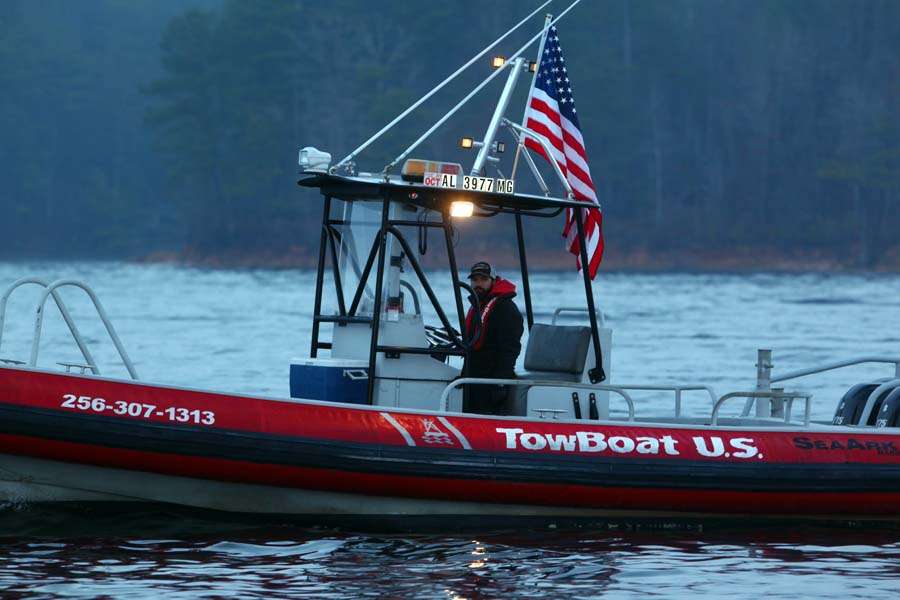 TowBoat U.S. is ready to lead the first boat out into the lake. The boat will be on standby all day long to assist anglers in need. 