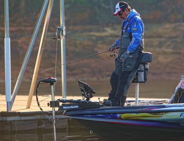After marking a fish on his electronics, Grigsby drops the bait directly in front of the trolling motor. 