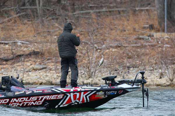 Brandon Palaniuk arrives as we go in search of the Elites. After a few casts, he hooks up.