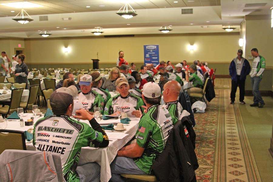 South Carolina anglers discuss the upcoming tournament while waiting for the briefing to begin.