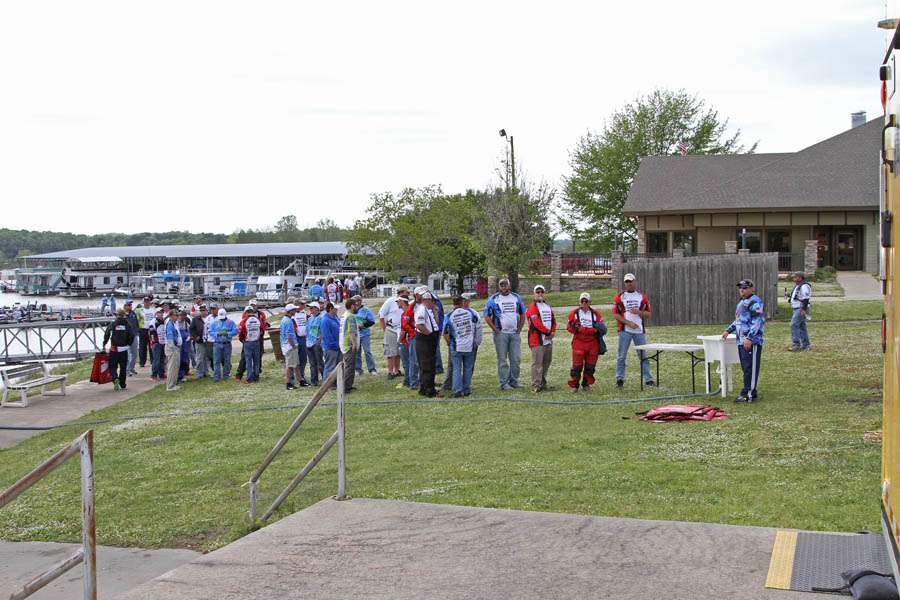 Anglers wait in line for weigh-in bags on Day 2.