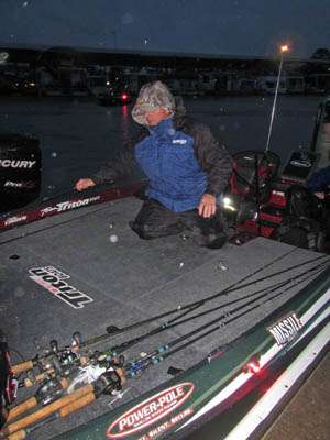 Alabama angler Coby Carden lays his rods out while awaiting the Day 3 launch.