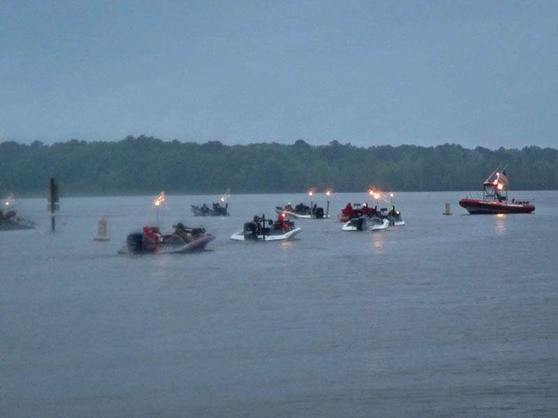 Competitors idle past the Tow Boat U.S. position and then head out for their final day on Lake Eufaula.