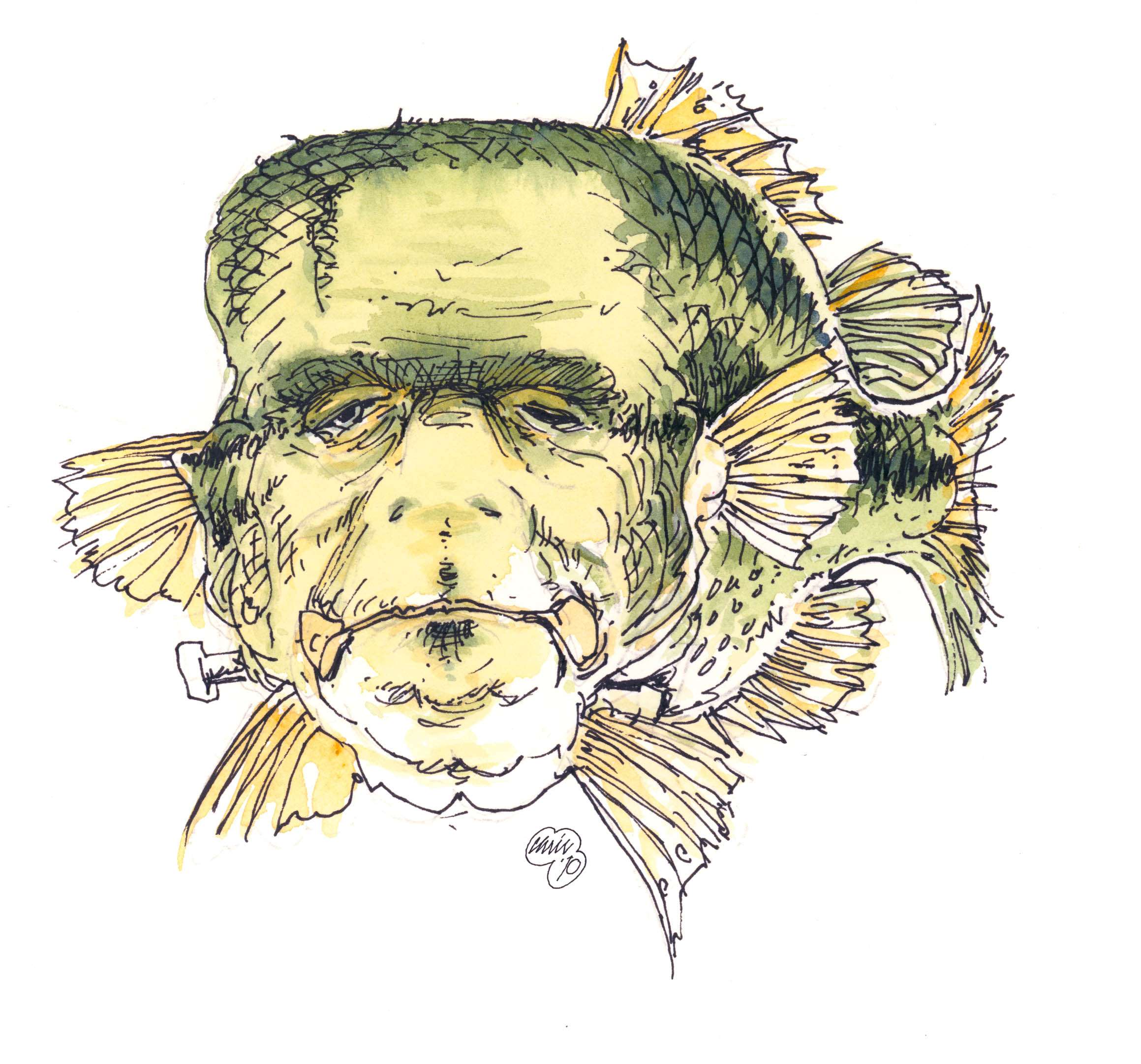 Armstrong also had the talent for humor in his art, from Frankenfish illustrations like this one to caricatures of weekend anglers, like in the next few slides.