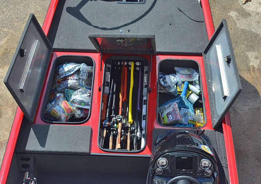 In the left front compartment are the bulk of the soft plastics, terminal tackle and all the Plano boxes that wouldnât fit in the rod box. The X18 will accommodate a half dozen 3700-size Plano boxes inside the rod box, with three down each side. On the right side are a few more bags of plastics, line, a net and other accessories like rain gear. If a fast hole shot and good top end are your goal, relegate these things to the back.
