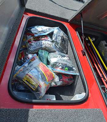 For shallow water fishing, this hefty load goes up in the passenger side forward box.