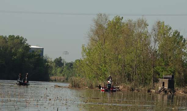Anglers begin to crowd into some of the more popular backwater areas along the Red River. 