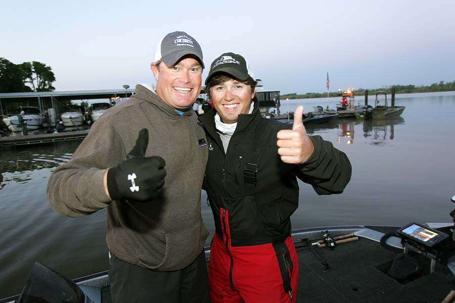 John Frye and his co-angler give the thumbs up as they prepare for their first top 12 championship experience.
