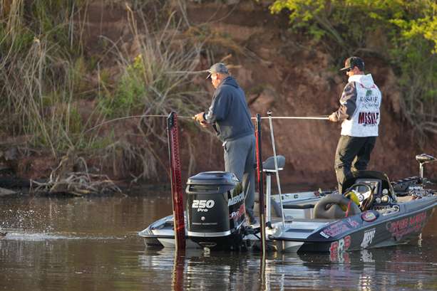 Co-angler Kenneth Moore, paired with pro angler Gerald Spohrer, hooks up with a fish.