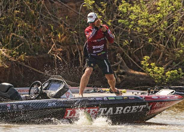 Defending Red River champion Stephen Browning begins to make his charge, hooking his best fish of the day.