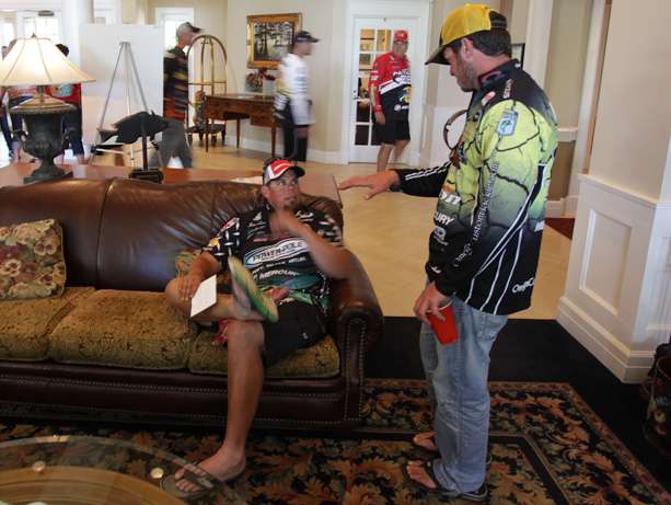 Chris Lane and Derek Remitz visited in the lobby before the anglers briefing.