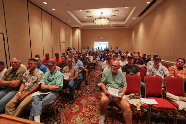 Marshals gather for their official briefing on the eve of the Evan Williams Bourbon Bassmaster Elite at Toledo Bend.