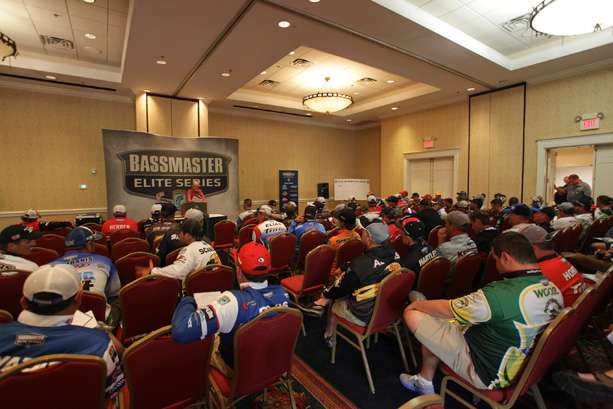 The field of competing Elite Series pros settles in for the final briefing.
