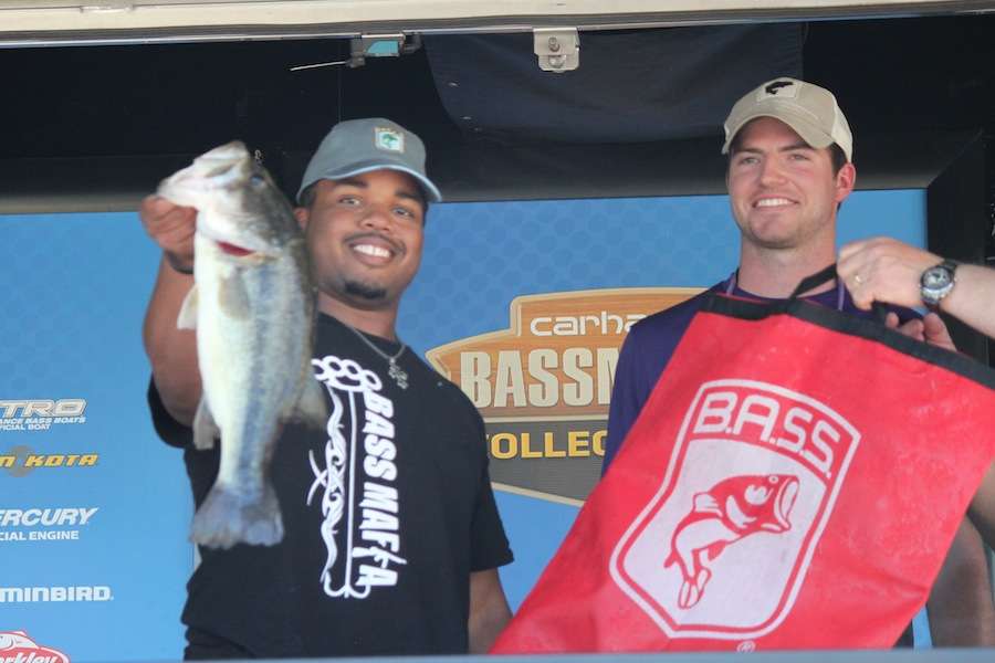 Clayton Godfrey and Garret Lindsey of Stephen F Austin State University with the Day 1 Carhartt Big Bass weighing 5- 1.