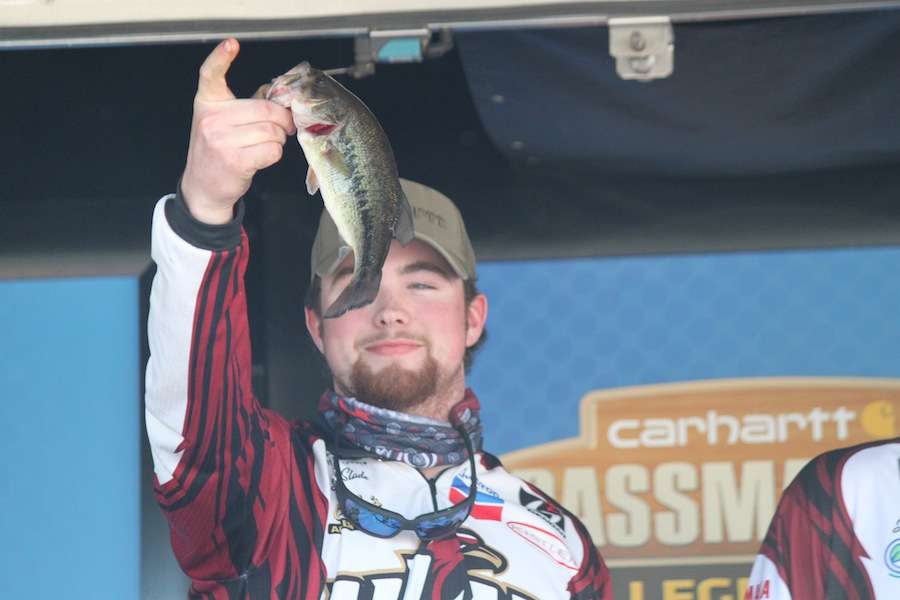 The honors for smallest fish go to Slade Daniel and Brandon Riley of the University of Louisiana Monroe for this 12 ounce bass. 