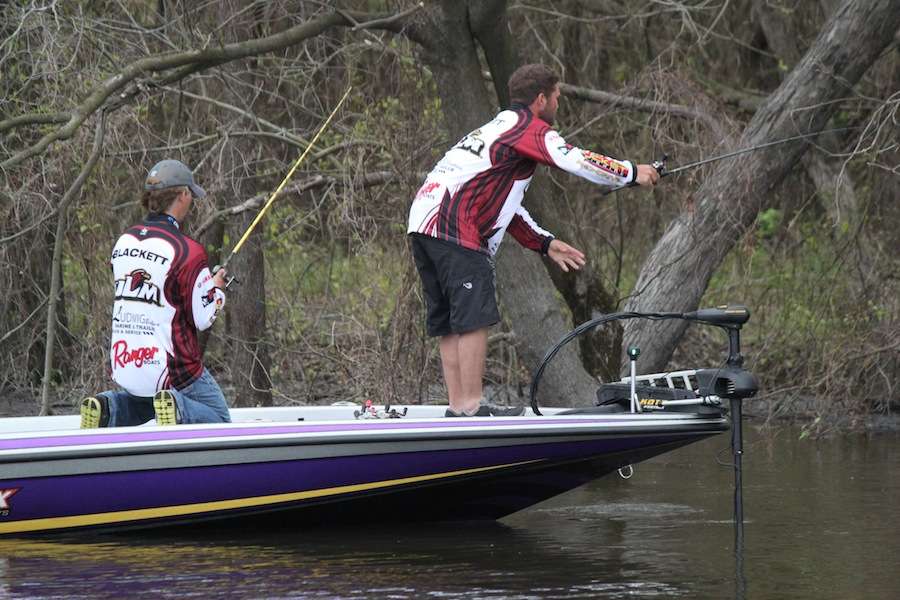 Both Preuette and Blackett work hard to get their baits as close to the bank as possible. 