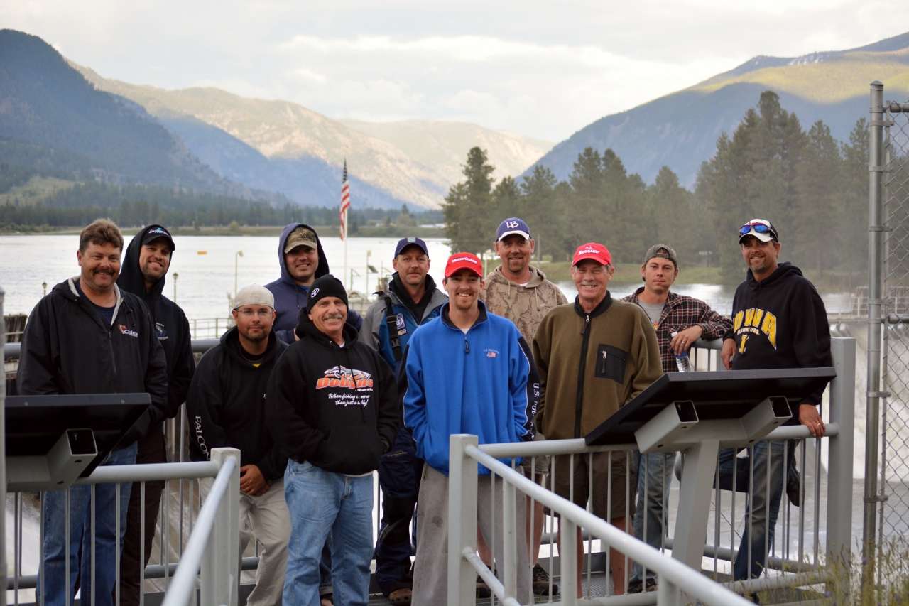 CO Team takes a field trip (at Thompson Falls main dam) - front row - Chris Dombkowski (leaning), Larry Triplett, Casey Welch, Curtis Welch Back Row Lance Tillotson, Jeremiah Hofstetter, Trevor Scott, Jeff Colwell, Scott Sheldon, Mark Powers, and Nate Caldwell (going to get his boat repaired - Mark Warren).