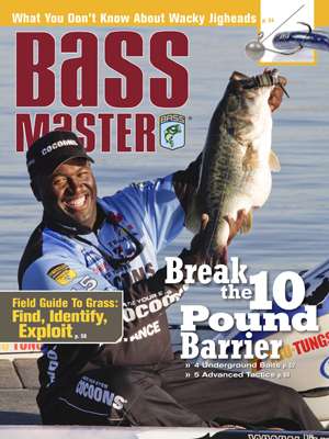 Ish Monroe proudly displays a double-digit bass on the April 2010 cover, prompting readers to turn to an article about little-known baits that catch big bass. (Photo by Gary Tramontina)