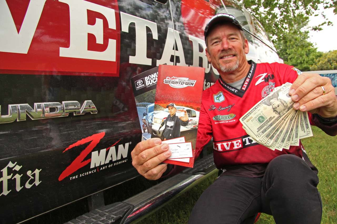 <b>Two</b> tournament angler cash bonus programs that Steven Browning believes whole heartedly in. 1) BoatUS Anglerâs âWeigh-to-Winâ; 2) Toyota Trucks Bonus Bucks. âIâve won enough money from these programs to nearly buy a new Tundra,â said Browning.
