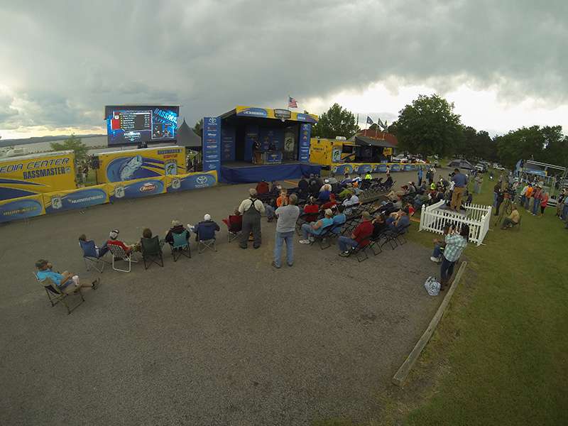 Anglers and fans avoided storms all day, but during the weigh-in it was a different story.