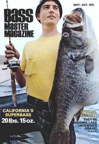 The big bass of B.A.S.S. often feature prominently on the cover of <i>Bassmaster</i> Magazine. Here, we'll show you some of the best lunkers to grace the cover, and the story behind it. This 20-pound, 15-ounce largemouth was caught by Dave Zimmerlee of Claremont, Calif. The bass came from Lake Miramar in San Diego County in late June 1973. (Photo by Chuck Garrison)