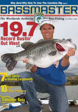 As you can tell from this gallery, many of our lunkers come from California, and this one is no exception. George Coniglio caught this 19.7-pound largemouth from Lake Mission Viejo and showed it off on this July/August 2006 cover. (Photo by George Coniglio)