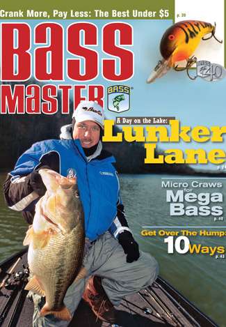 On the February 2008 cover, Elite Series pro Russ Lane proudly displays an 11 3/4-pounder he landed after breaking through ice to get his boat in the water. (Photo by Don Wirth)