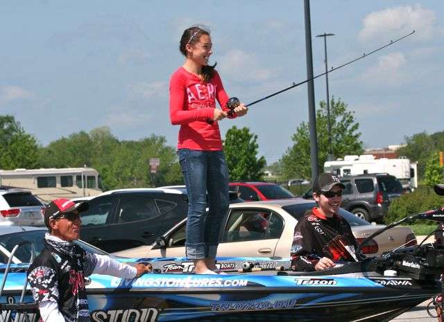 In addition to Shryock, Charlie Hartley (lower left) spent some instruction time with Haylee Jones before she stepped up to the front deck of Randy Howell's boat to compete. Jones, 13, also stepped up in class, to the age 15 to 18 age group, where she finished third.
