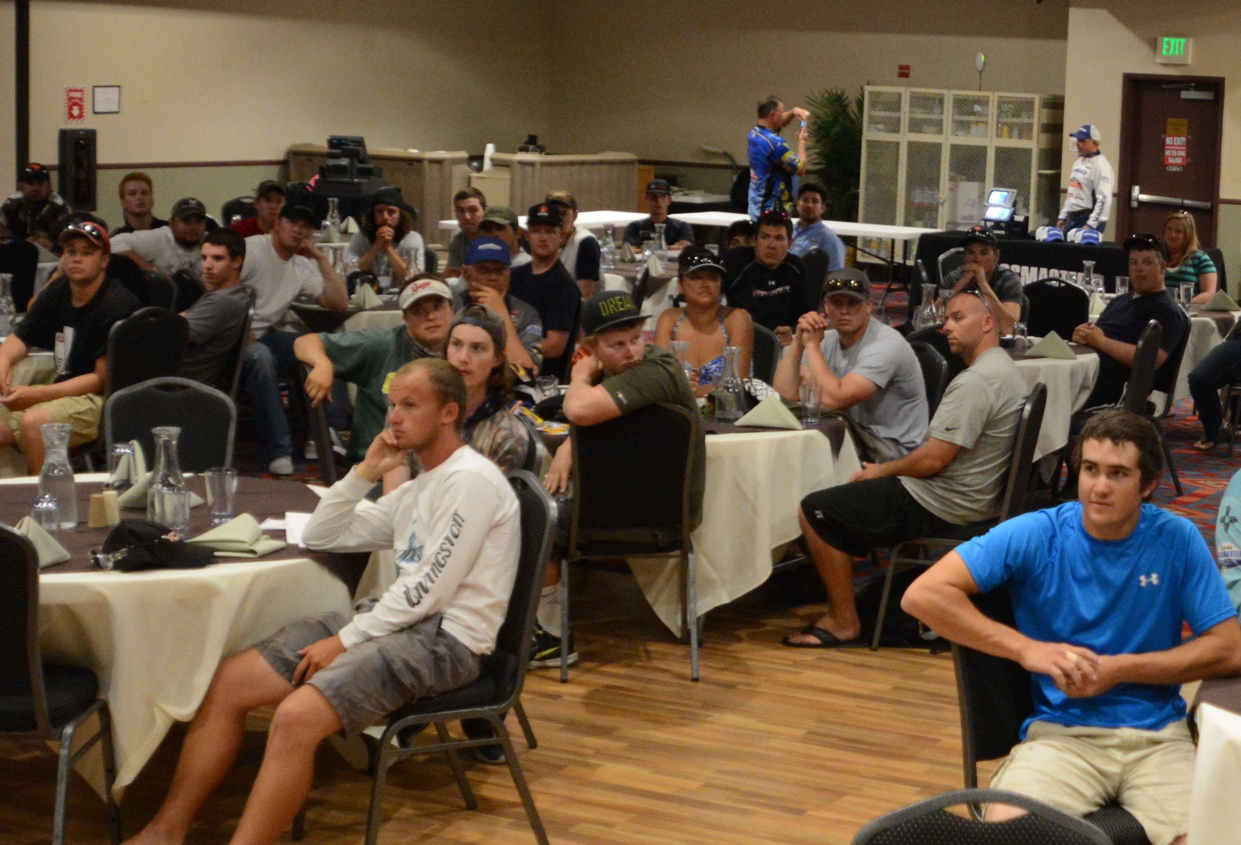 Anglers settle in for the tournament briefing at the Konocti Vista Resort & Casino while Hank Weldon goes over the rules.