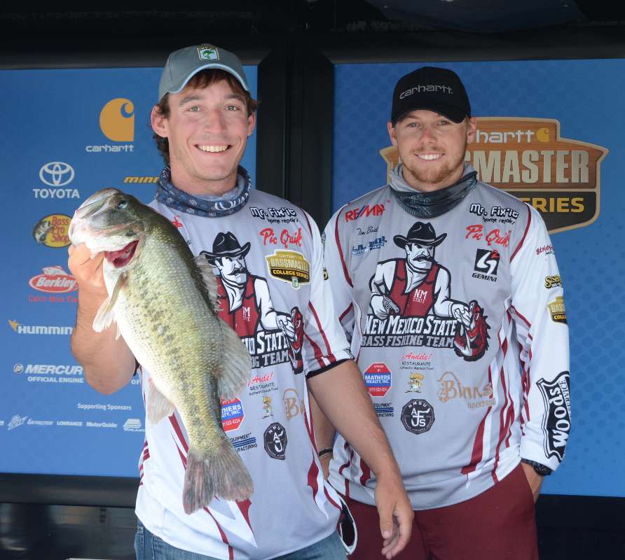 Jesse Scarafiotti and Timothy Bailey, New Mexico State University, 23-7 (including big bass, shown, of 6-7), second place