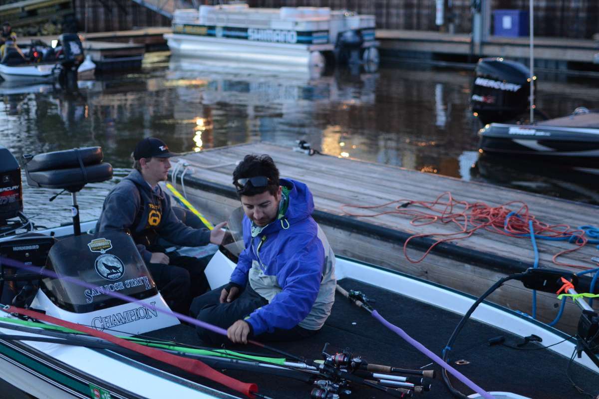 Andrew Sjostrom and Matt Diaz of CSU Monterey Bay organize their tackle before they head out.